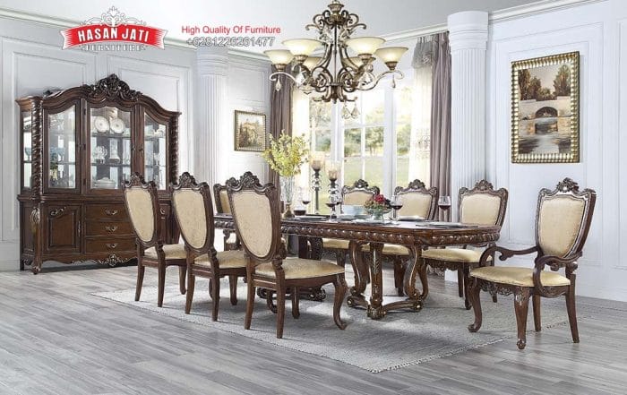 Set Meja Makan Jati Solid Klasik Mewah Devayne Style Formasi 8 Kursi