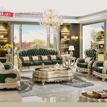 Set Sofa Tamu Klasik Mewah Green Emerald Gaya Eropa Ukiran Gold