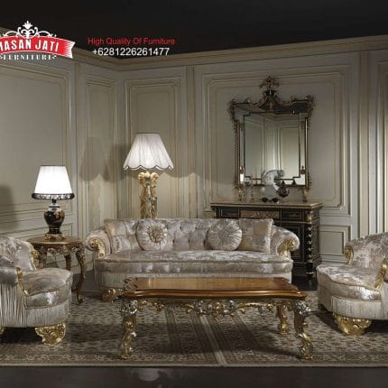 Set Sofa Tamu Klasik Mewah Silver Champagne Ukiran Gold Silver
