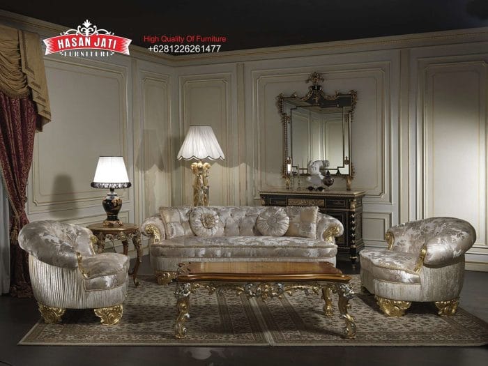 Set Sofa Tamu Klasik Mewah Silver Champagne Ukiran Gold Silver