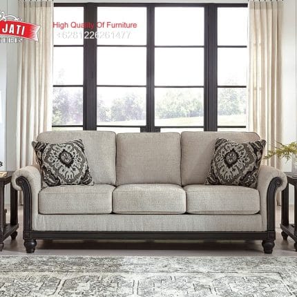 Sofa Panjang 3 Dudukan Kayu Jati Warna Abu-Abu Muda