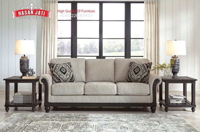 Sofa Panjang 3 Dudukan Kayu Jati Warna Abu-Abu Muda