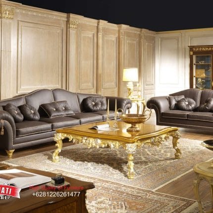 Set Sofa Tamu Klasik Mewah Kulit Cokelat Tua Gaya Eropa Ukiran Gold