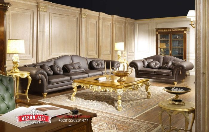 Set Sofa Tamu Klasik Mewah Kulit Cokelat Tua Gaya Eropa Ukiran Gold