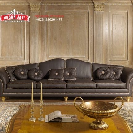 Sofa Panjang 4 Dudukan Kulit Cokelat Tua Set Sofa Klasik Mewah