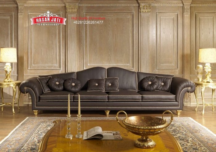 Sofa Panjang 4 Dudukan Kulit Cokelat Tua Set Sofa Klasik Mewah