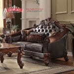Sofa Sedang 2 Dudukan Ukiran Jati Klasik Mewah Kulit Cokelat