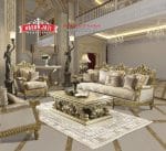 Set Sofa Tamu Klasik Mewah Ukiran Gold Leaf Gaya Eropa