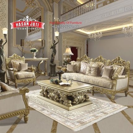 Set Sofa Tamu Klasik Mewah Ukiran Gold Leaf Gaya Eropa