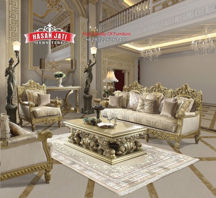Set Sofa Tamu Klasik Mewah Ukiran Gold Leaf Gaya Eropa