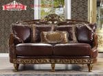 Sofa Sedang 2 Dudukan Klasik Mewah Kulit Brown Ukiran Jepara