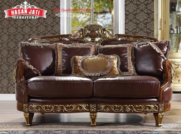 Sofa Sedang 2 Dudukan Klasik Mewah Kulit Brown Ukiran Jepara