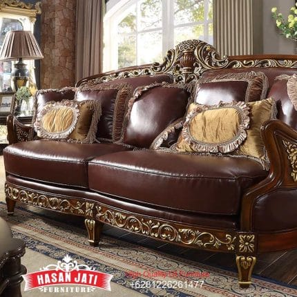 Sofa Panjang 3 Dudukan Kulit Brown Set Sofa Mewah