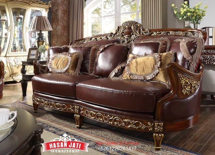 Sofa Panjang 3 Dudukan Kulit Brown Set Sofa Mewah