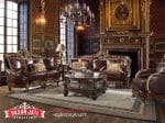 Set Sofa Tamu Jati Klasik Mewah Kulit Brown Meja Bundar Gaya Eropa