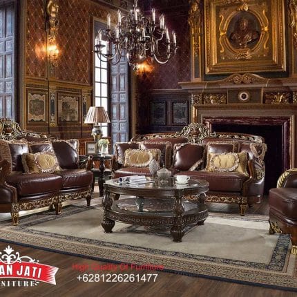 Set Sofa Tamu Jati Klasik Mewah Kulit Brown Meja Bundar Gaya Eropa