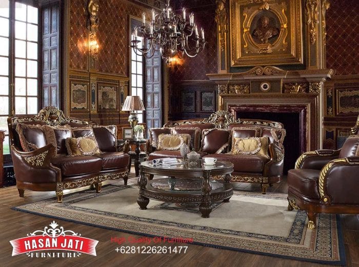 Set Sofa Tamu Jati Klasik Mewah Kulit Brown Meja Bundar Gaya Eropa