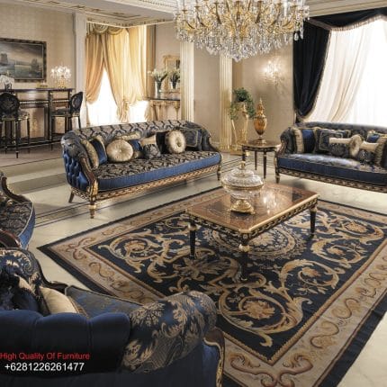 Set Sofa Tamu Klasik Mewah Navy Blue Royal Gaya Eropa