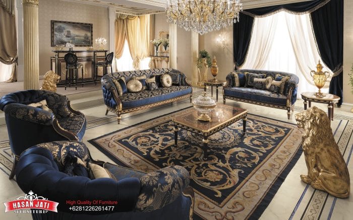 Set Sofa Tamu Klasik Mewah Navy Blue Royal Gaya Eropa