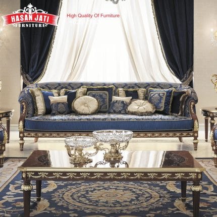 Sofa Panjang 3 Dudukan Warna Navy Blue Motif Floral Emas
