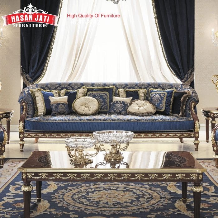 Sofa Panjang 3 Dudukan Warna Navy Blue Motif Floral Emas