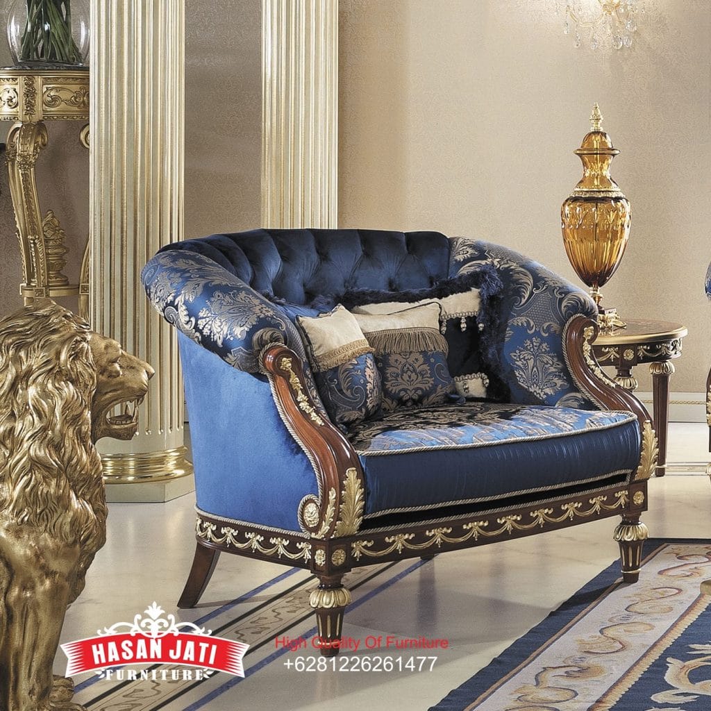 Kursi Sofa Mewah Jati warna natural dengan kombinasi warna gold - Nampak 2 Seater