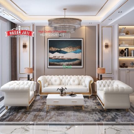 Set Sofa Tamu Klasik Modern Putih Aksen Stainless Gold Luxury 3-2-1