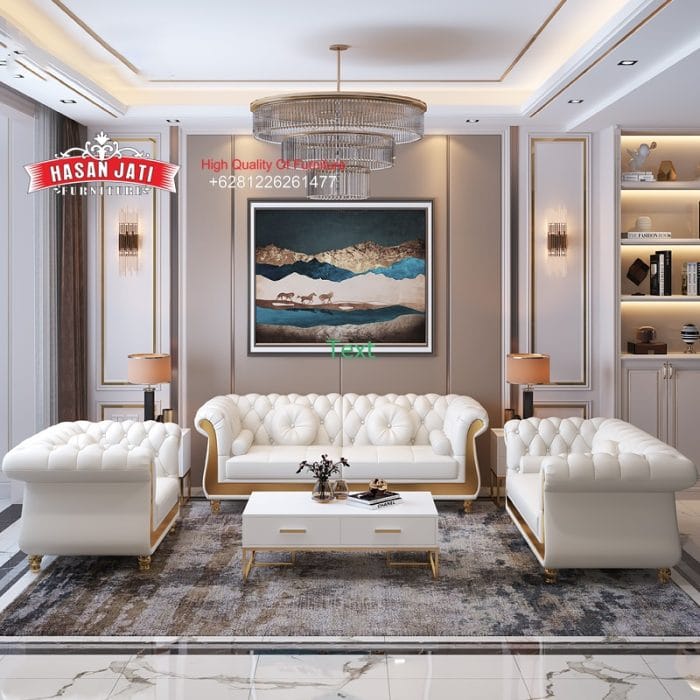Set Sofa Tamu Klasik Modern Putih Aksen Stainless Gold Luxury 3-2-1