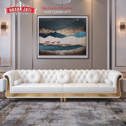 Sofa Chesterfield Modern 3 Seater Putih Aksen Gold