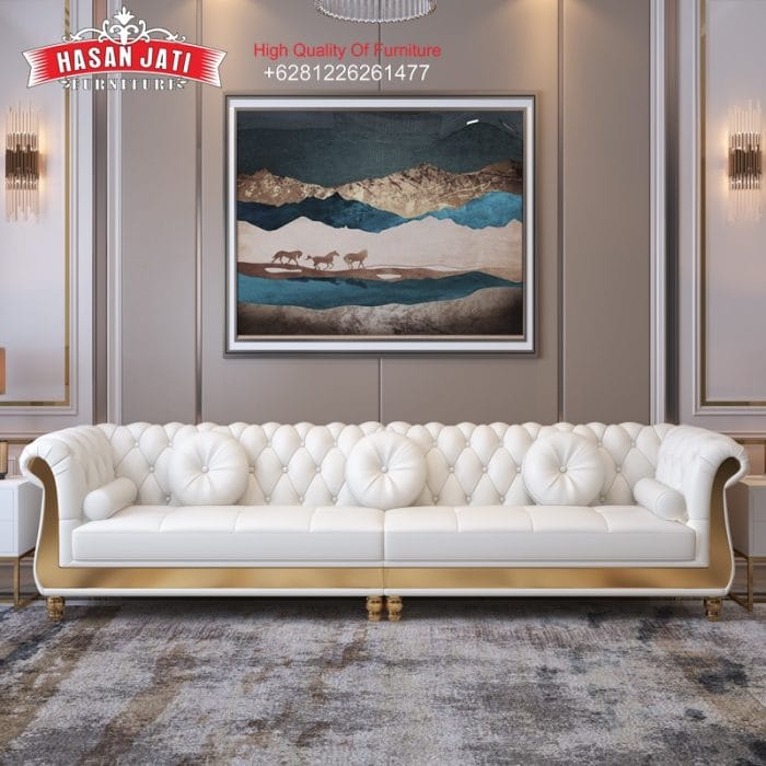 Sofa Chesterfield Modern 3 Seater Putih Aksen Gold