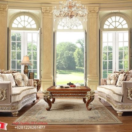 Set Sofa Tamu Klasik Mewah Ukiran Samping Gaya Eropa Warna Beige