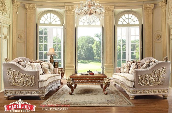 Set Sofa Tamu Klasik Mewah Ukiran Samping Gaya Eropa Warna Beige