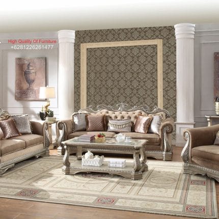 Set Sofa Tamu Klasik Mewah Warna Mocca Gaya Eropa Ukiran Silver Gold