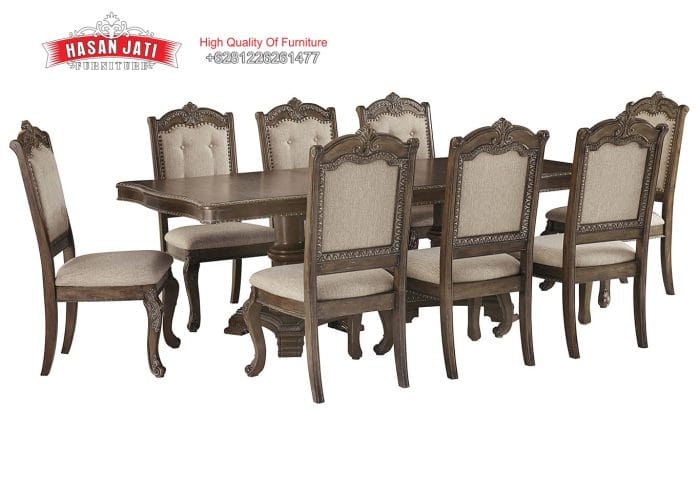 Detail Set Meja Makan Jati Solid Klasik American Style Mewah Formasi 8 Kursi