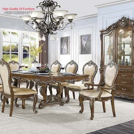 Set Meja Makan Jati Solid Klasik Mewah Ukiran Baroque Formasi 8 Kursi