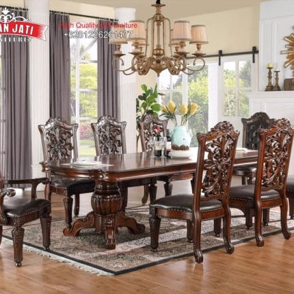 Set Meja Makan Jati Klasik Mewah Ukiran Baroque Formasi 8 Kursi