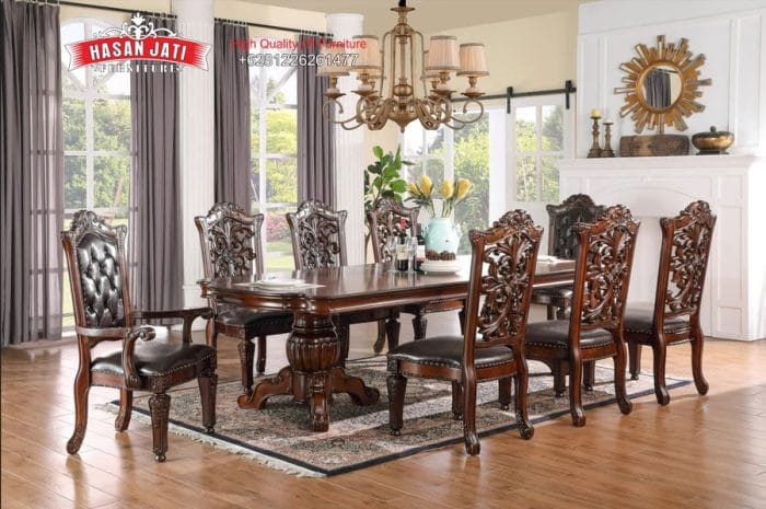Set Meja Makan Jati Klasik Mewah Ukiran Baroque Formasi 8 Kursi