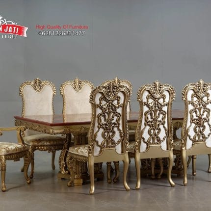 Set Meja Makan Klasik Champagne Gold Ukiran Baroque Formasi 8 Kursi Panjang