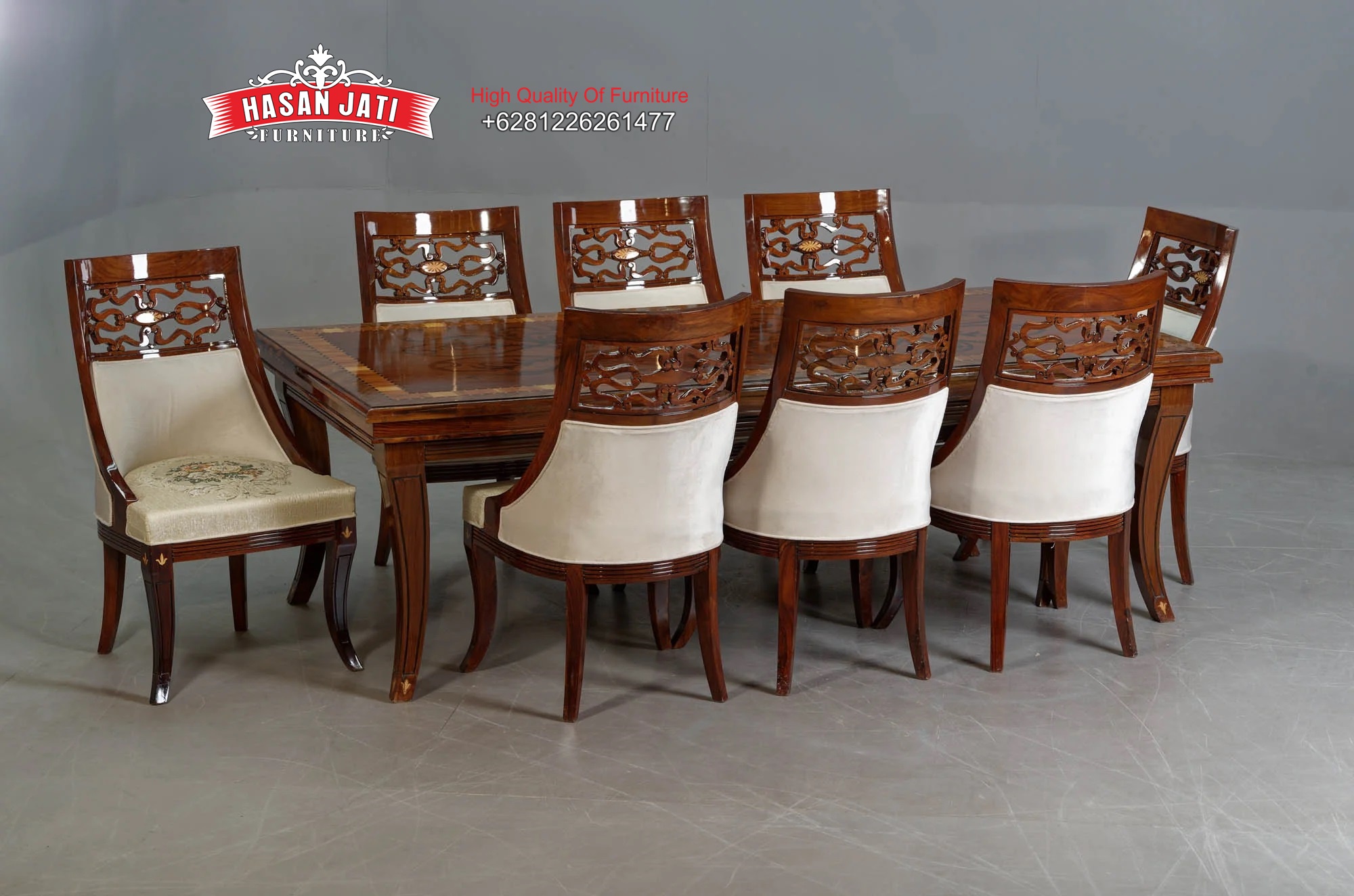 Set Meja Makan Mewah Jati Klasik 8 Kursi Tudor, Set Meja Makan Mewah Jati Klasik 8 Kursi Tudor