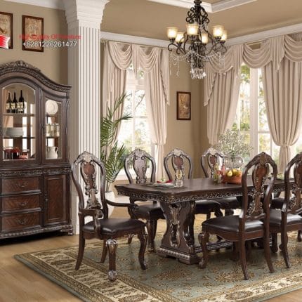 Set Meja Makan Jati Solid Klasik Mewah King Arthur Formasi 8 Kursi