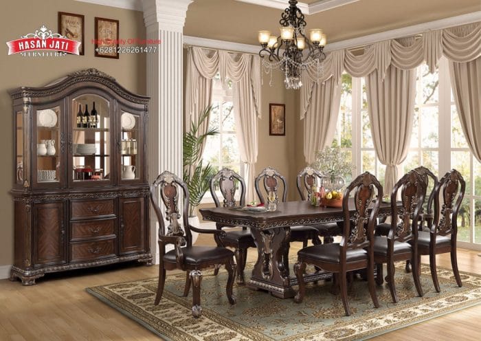Set Meja Makan Jati Solid Klasik Mewah King Arthur Formasi 8 Kursi