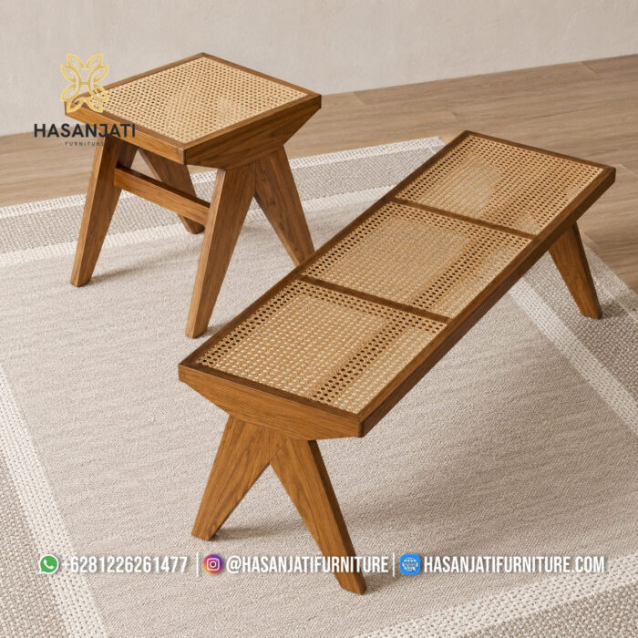 Bangku Panjang Dining Bench Jati Minimalis Dudukan Anyaman Rotan Alami
