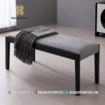Bangku Panjang Dining Bench Minimalis Kaki Hitam Jok Kain Oatmeal