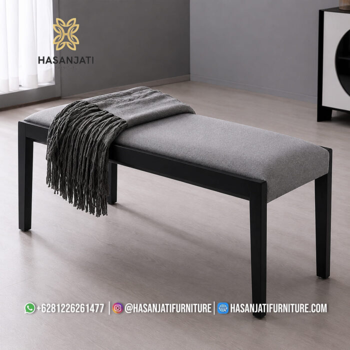 Bangku Panjang Dining Bench Minimalis Kaki Hitam Jok Kain Oatmeal