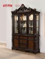 Detail tampak depan penuh kabinet display Manzanita kayu jati jepara memperlihatkan kehalusan urat kayu dan susunan laci bawah.