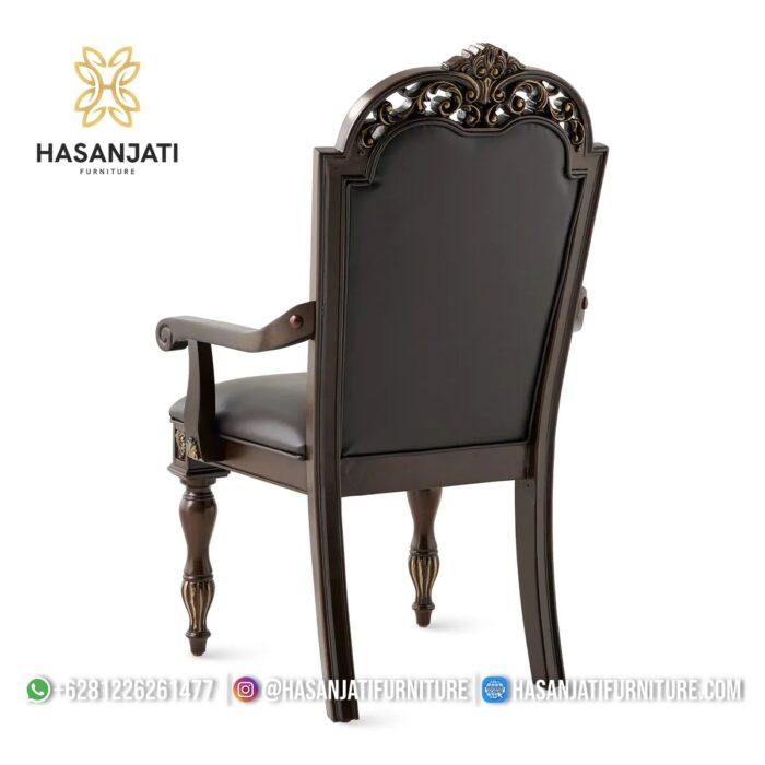 Detail Belakang Kursi Makan Jati Klasik Jok Hitam