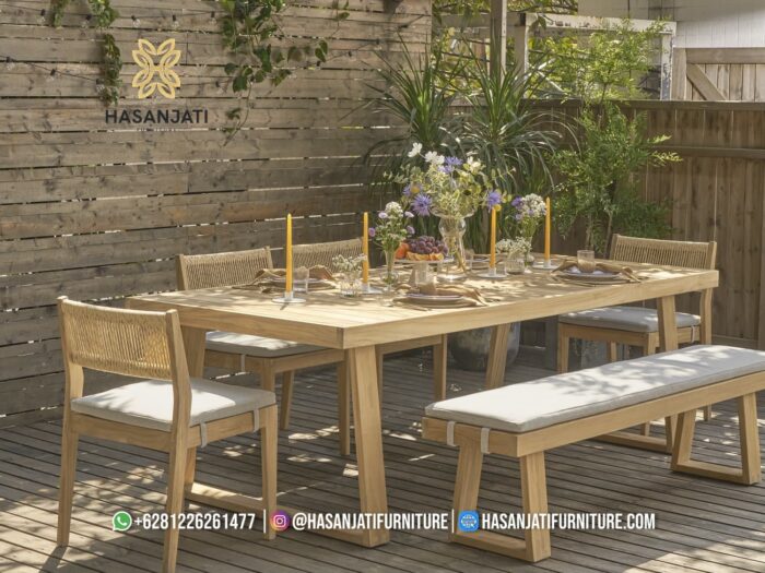 Detail Daun Meja Makan Jati Minimalis Outdoor Desain Papan Bergaris Celah