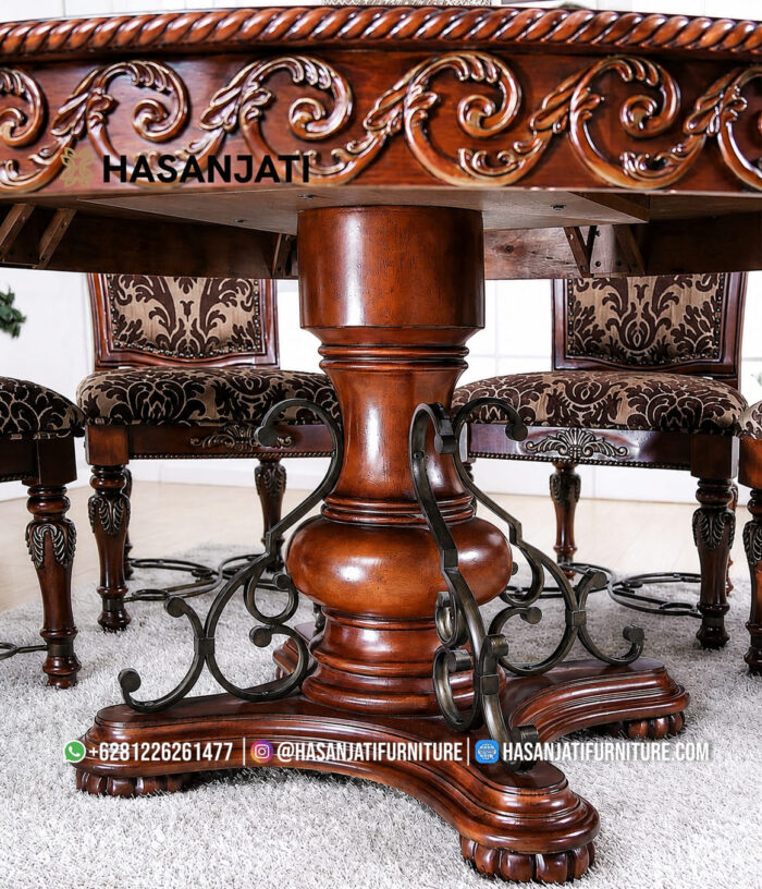 Detail Kaki Meja Makan Jati Solid Bundar Ukir Mewah Kaki Pedestal Kombinasi Besi Lucie