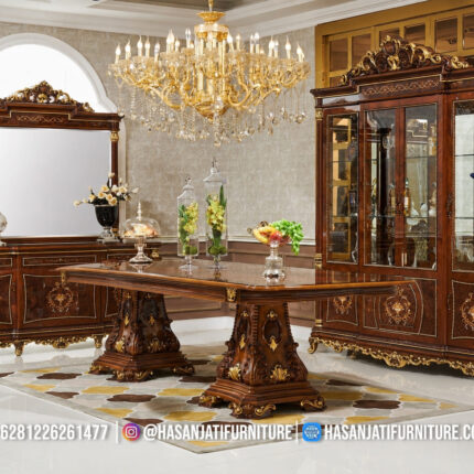Detail Kaki Meja Pedestal Ganda Kayu Jati Ukiran Prada Emas