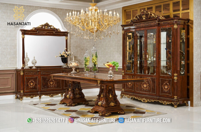 Detail Kaki Meja Pedestal Ganda Kayu Jati Ukiran Prada Emas